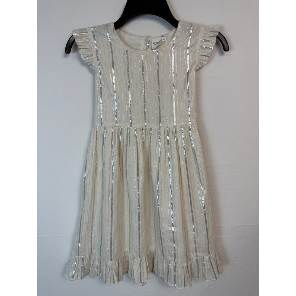 Yo Baby Metallic Stripe Ruffle Dress Kids Size 8 Cream Silver Party Holiday